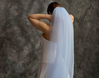 Light Blue Wedding Veil, Fingertip Tulle Veil with Comb