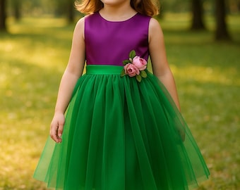 Purple and Green Flower Girl Dress – Tulle Skirt, Satin Bodice, Birthday or Wedding Outfit for Girls