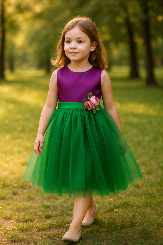 Purple and Green Flower Girl Dress  Tulle Skirt, Satin Bodice, Birthday or  Wedding Outfit for Girls - Etsy