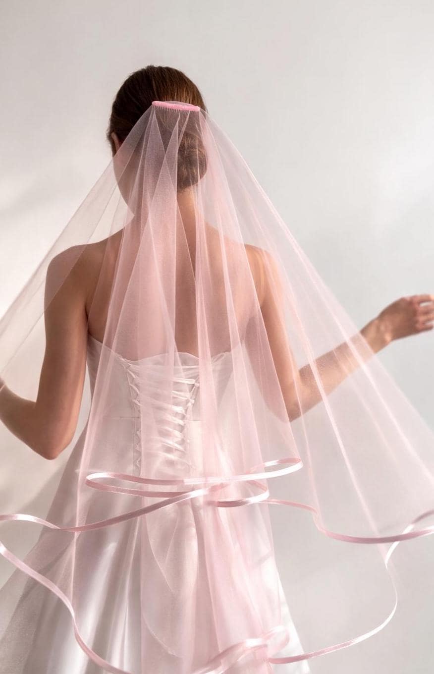 【新品】 NOTREémor tulle veil tops pink Wedding Bridal Veil Pink Fingertip Length Short Tulle Veils Ribbon