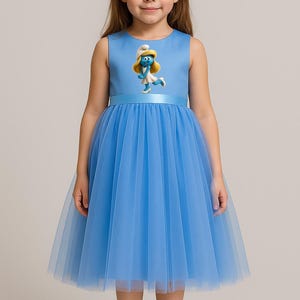 Blauwe smurfinjurk voor meisjes – satijnen top, tule rok, stripfiguurprint, verjaardag of verkleedfeestje | Leuke Halloween