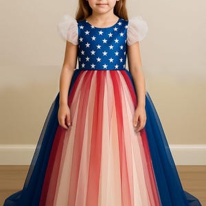 Patriotic USA Tulle long Gown for Girls – Red White Blue 4th of July Dress - Day Holiday American Flag Toddlers Girl Beauty Pageant