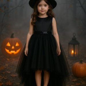Black Halloween Tulle Dress for Girls – High Low Gothic Costume – Kids Witch Dress with Sequin Belt – Toddler to Tween Sizes