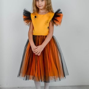 Halloween Spider Dress for Girls – Orange and Black Tulle Costume with Web Print – Toddler and Kids Halloween Party Outfit