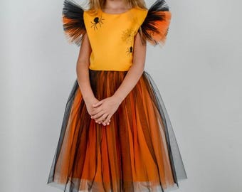 Halloween Spider Dress for Girls – Orange and Black Tulle Costume with Web Print – Toddler and Kids Halloween Party Outfit