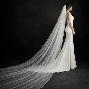 Puede incluir: Un vestido de novia blanco, largo, con un velo largo y fluido. El vestido tiene un diseño simple y elegante con un corpiño ajustado y una falda fluida. El velo se extiende más allá del vestido, creando un efecto dramático sobre un fondo negro.