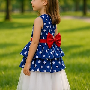 USA Patriotic 4th of July Girl Dress – Independence Day Outfit - Parade Pageant– Blue Star Tulle Dress with Red Bow – Toddler to Kids Sizes