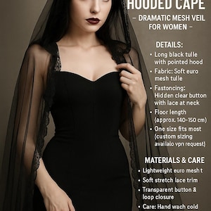 Black Hooded Vampire Cape, Gothic Tulle Cloak with Lace Trim, Long Sheer Witch Robe for Halloween Costume, Victorian Style