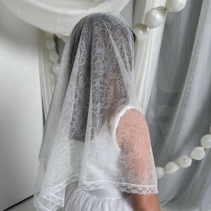 Lace Triangle Church Veil for First Communion | Catholic Head Covering | White Lace Mantilla with Ties