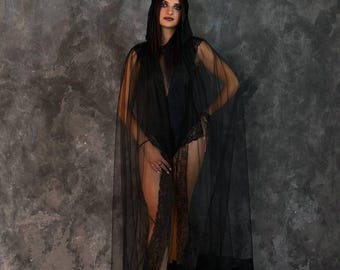 Black Hooded Vampire Cape, Gothic Tulle Cloak with Lace Trim, Long Sheer Witch Robe for Halloween Costume, Victorian Style