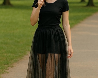 Black Tulle Skirt Cape and Skirt – Sheer Overlay Outfit for Women, Gothic Mesh Dress Cover Up, Elegant Witchy Costume Layer