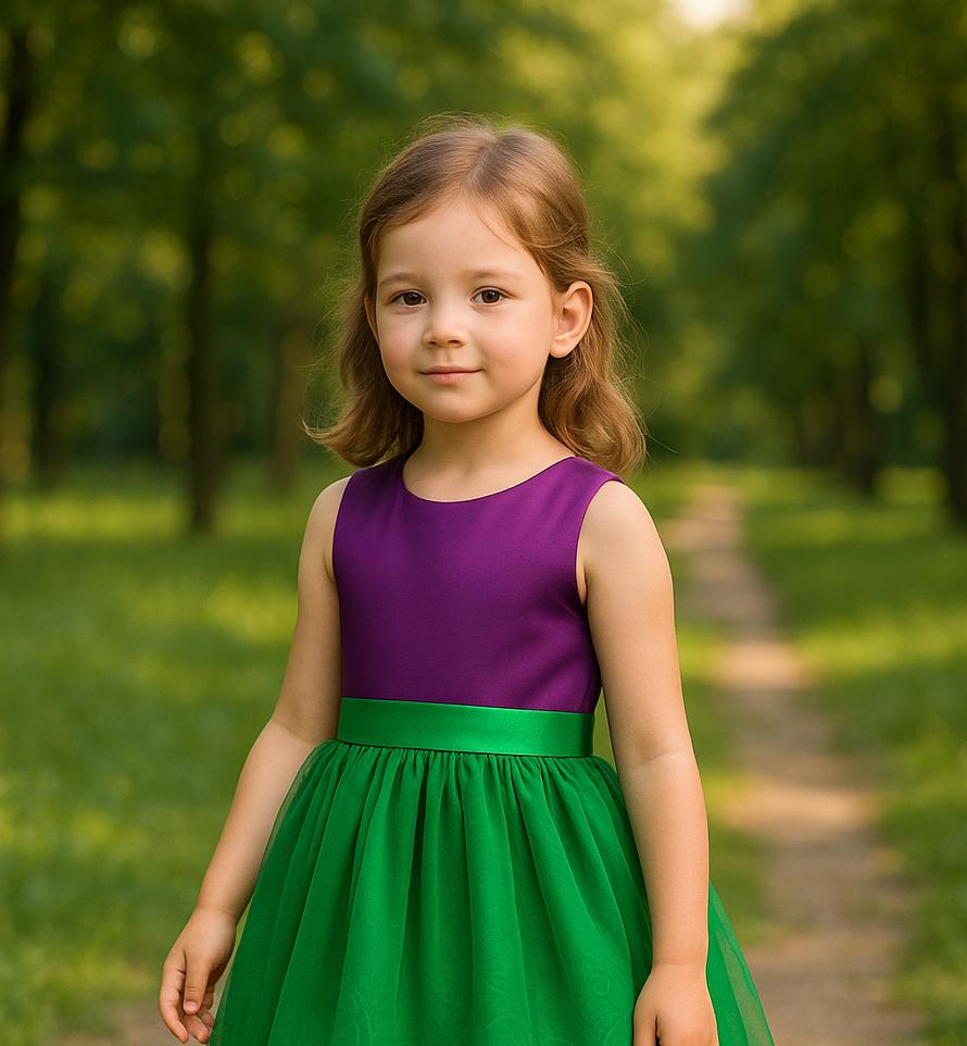 Purple and Green Flower Girl Dress - Tulle Skirt, Satin Bodice, Birthday or Wedding Outfit for Girls