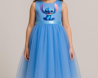 Light Blue Midi Dress • Lilo and Stitch Dress for Toddler • Halloween Costume • Blue Tulle Dress for Girls • Sleeveless Satin Bodice