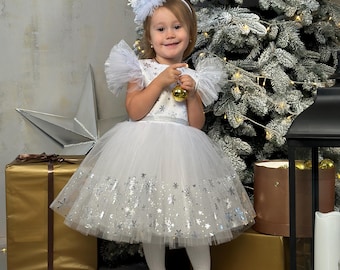 Witte sneeuwvlokkerstjurk voor meisje – tule feestjurk, sneeuwprinsesoutfit, winterkostuum