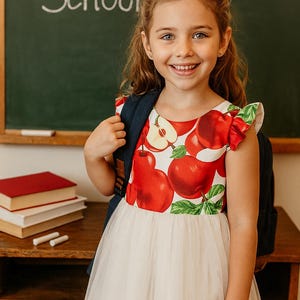 First Day of School Dress for Girl | Back to School Gift | Apple Print Tulle Dress | Preschool Outfit | Kindergarten Picture Dress