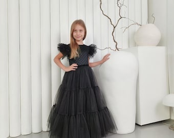 Black Halloween Costume For Kids, Gothic Kid's Dress, Tulle Witch Dress, Dark Fairytale Outfit, Horror Outfit For Girls, Kids Clothing