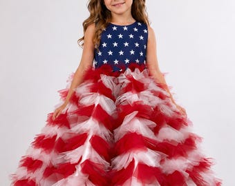 American Flag Tutu Dress | 4th of July Girl Dress | Toddler Independence Day Outfit | USA Patriotic Pageant Gown | Red White Blue