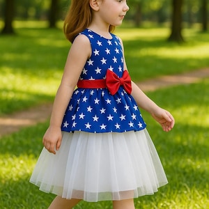 Patriotic 4th of July Girl Dress – Blue Star Tulle Dress with Red Bow – Toddler to Kids Sizes – USA Independence Day Outfit - Parade Pageant