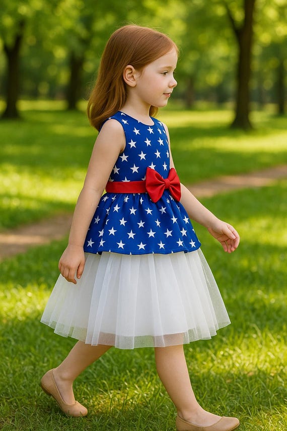 Patriotic 4th of July Girl Dress - Blue Star Tulle Dress with Red Bow - Toddler to Kids Sizes - USA Independence Day Outfit - Parade Pageant