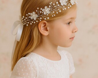 Handmade White Beaded Floral Headpieces Hand Beaded Off-white Floral Headband for Flower Girls  main image 4