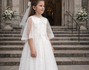 First Communion Dress for Girls, Lace White Dress with Cape, Veil Headpiece, Holy Communion Outfit