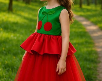 Cherry Dress for Girls, Green and Red Tulle Party Dress, Toddler Birthday Dress, Summer Fruit Costume, Cherry Outfit for Girl