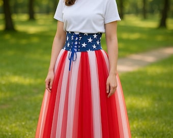 4th of July Tulle Skirt and Star Corset Set – Patriotic Red White Blue Outfit for Women – USA Independence Day Costume