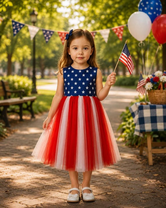 birthday parade dress Fourth of July Patriotic Knee Length V-back Tulle Independence Day Holiday  American Flag Summer Infant Toddler Girl Birthday Parade Pageant