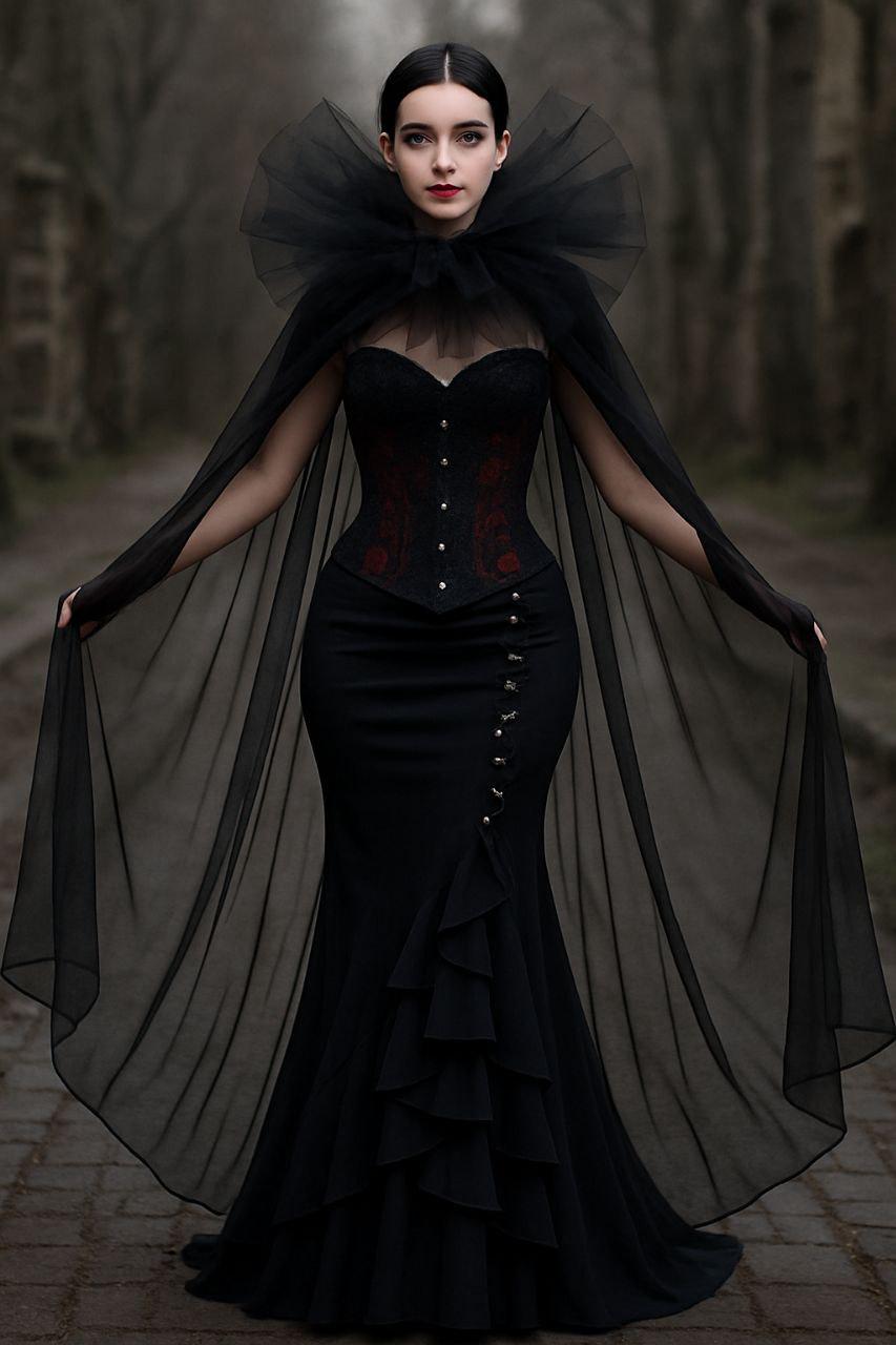 Gothic Black Tulle Cape With Dramatic Ruffle Collar – Floor-length ...