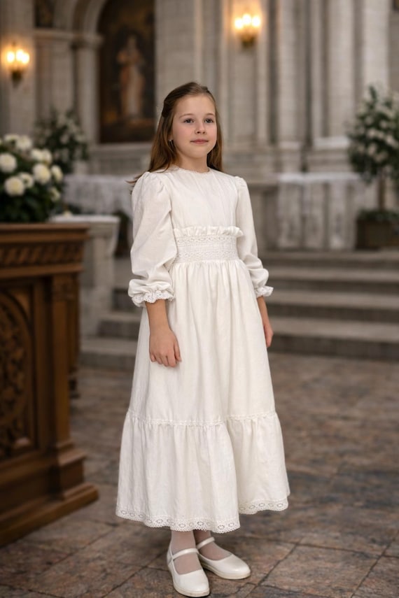 first communion dress cotton First Holy Communion Dress for Girl, Cotton Communion Dress, White Baptism  Dress, Natural Lace Dress