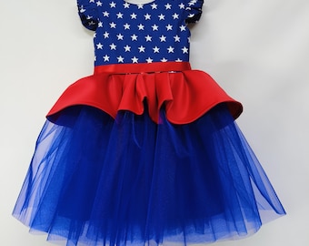 Blue Star Tulle Dress with Red Bow - Patriotic 4th of July Girl Dress - Toddler to Kids Sizes - USA Independence Day Outfit - Parade Pageant