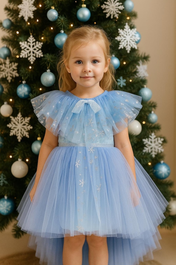 Blue Christmas dress - snowflake for a girl with a train