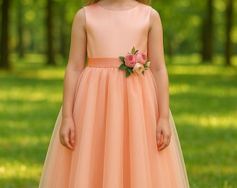 Light Peach Tulle Flower Girl Dress – Sleeveless Satin Bodice, Floral Belt, Toddler to Teen Birthday Party Gown