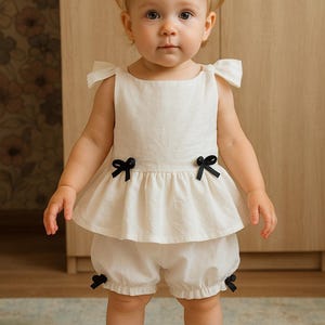 White Cotton Baby Girl Outfit with Velvet Bows – Summer Set for Girls, Sizes 9-12 Months to 4 Years