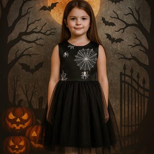Halloween Dress for Girls | Black Spiderweb Costume with Spiders | Gothic Party Outfit for Kids | Witch Costume | Toddler Halloween Dress