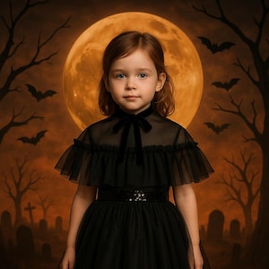 Może przedstawiać: Młoda osoba w czarnej sukience z przezroczystą peleryną i aksamitną kokardą stoi na tle Halloween. Tło przedstawia pełnię księżyca, nietoperze, nagie drzewa i cmentarz, tworząc upiorną atmosferę.