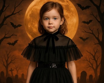 Black Tulle Capelet for Girls with Velvet Bow – Sheer Ruffle Shoulder Cover Up for Halloween, Gothic Costume