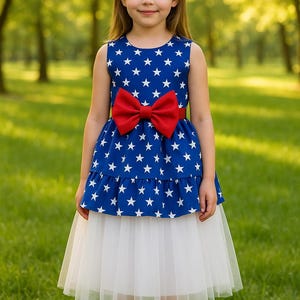 Independence Day Outfit - Parade Pageant– USA Patriotic 4th of July Girl Dress – Blue Star Tulle Dress with Red Bow – Toddler to Kids Sizes