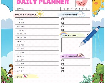 May include: A daily planner with a colourful design featuring a sun, clouds, and a heart. The planner includes sections for today's schedule, top priorities, today's goal, and appointments. There are checkboxes for each item on the list.