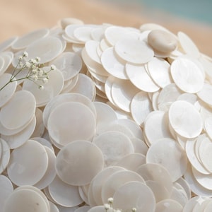 Può includere: Un mucchio di dischi bianchi e rotondi di madreperla. Una piccola pietra liscia e chiara poggia sulla cima del mucchio. Delicati fiori bianchi sono posti vicino alle conchiglie. Lo sfondo è una vista sfocata di una spiaggia.