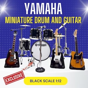 Yamaha-miniatuurdrum ZWART en gitaarset: 1/12 muziekdecor