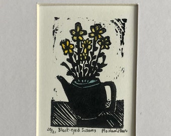 Black-eyed Susans, Original Lino-cut print that has been hand painted with water colour