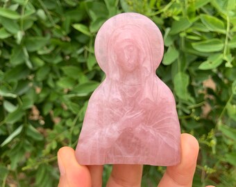 Hand Carved Rose Quartz Virgin Mary: Pink Crystal Home Decoration