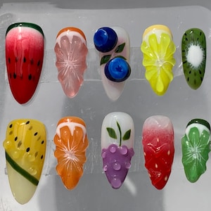 Special Summer Press On Nails,Fruit Lover Nails Set,Crystal Color Nails Art,Custom Juicy Orange Fresh Nails for Summer Holiday,Gifts For Her
