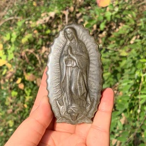 Gold Obsidian Quartz Crystal Virgin Mary Carving: Home Decor Gift (3.6'')
