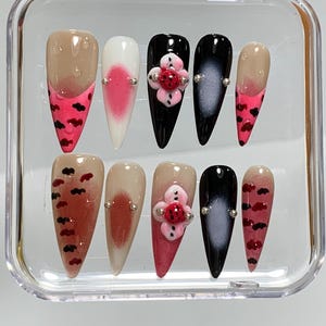 3d Flower Nail Design/Trendy long Shaped Nail/ Handmade Press on Nail/Elegant Classy Nail/Floral Nail Art