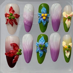 Blumennagel, Nagelpresse auf Blumen, Nagelkunst, Nageldesign, Nagellack, Nagel handgemacht, 3Dblumennagel, Geschenk für sie