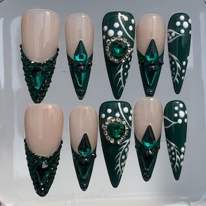 Green Nail,Gem Nail,Nail Art,Nail Press On Gem,Handmade Nail,Diamond Nail,Acrylic Press On,Gift For Her