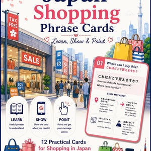 Könnte beinhalten: Ein digitaler Flyer für Japan Shopping Phrase Cards mit einer Stadtansicht, Einkaufstaschen, einer Beispielkarte mit japanischen und englischen Sätzen sowie Symbolen zum Lernen, Zeigen und Deuten. Enthält Text über 12 praktische Karten.