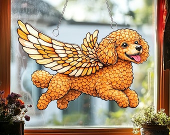 Poodle Memorial Suncatcher, Flying Dog Window Hanging, Pet Loss Acrylic Ornament